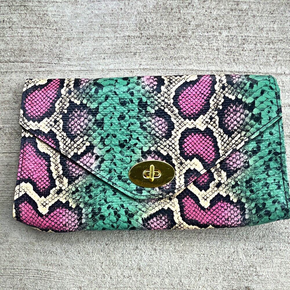 H&M Snake Print Clutch Green Pink Turn Lock Gold Hardware Lined Inner Pockets